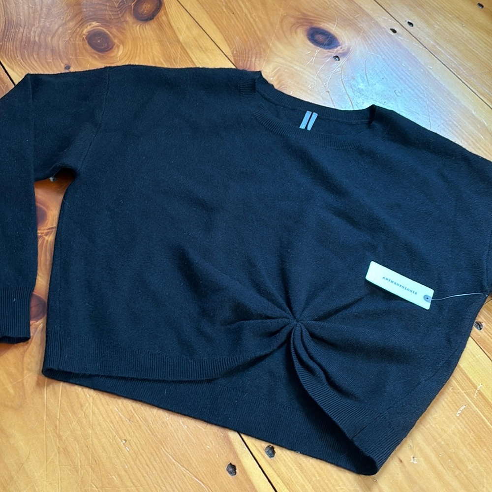 New! ANTHROPOLOGIE S Black Pintuck Gathered Waist Crew Neck Sweater Knit Blouse